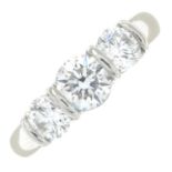 A platinum brilliant-cut diamond three-stone ring.Estimated total diamond weight 1.50cts,