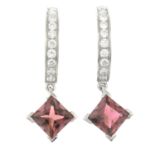 A pair of 18ct gold pink tourmaline and brilliant-cut diamond earrings.Total pink tourmaline