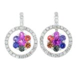 A pair of vari-hue sapphire and brilliant-cut diamond drop earrings.Estimated total diamond weight