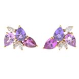 A pair of 18ct gold pink and purple sapphire and marquise-shape diamond earrings.Estimated total