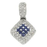 A sapphire and pave-set diamond pendant.Estimated total diamond weight 0.75ct.Length 2.8cms.