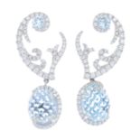 A pair of 18ct gold aquamarine and brilliant-cut diamond earrings.Total aquamarine weight