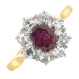 An 18ct gold ruby and single-cut diamond cluster ring.Estimated total diamond weight 0.40ct,