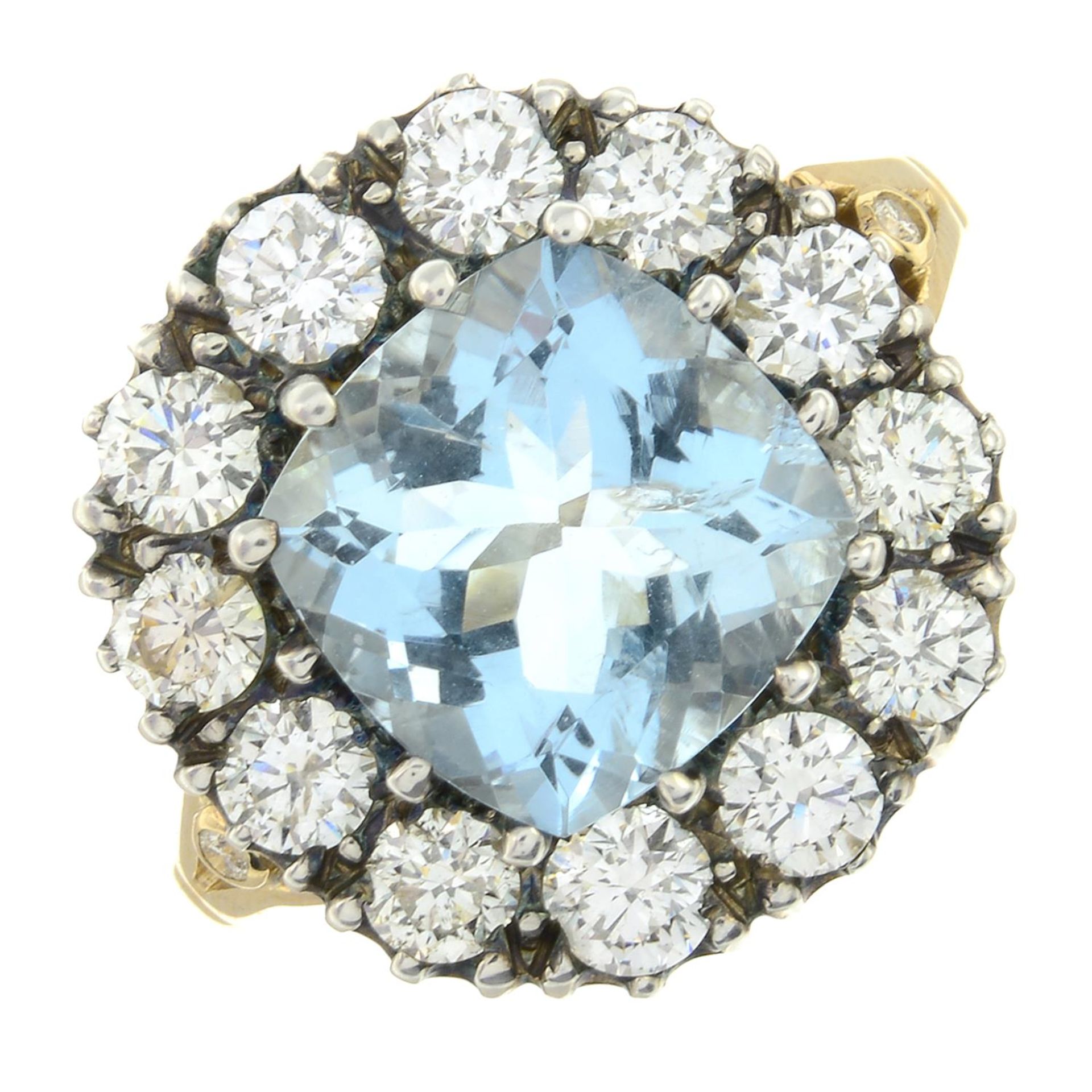 An aquamarine and brilliant-cut diamond cluster ring.