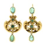 A pair of emerald earrings.Total emerald weight 1.25cts.Length 3.5cms.