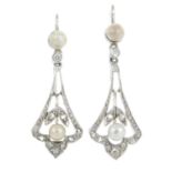 A pair of seed pearl and diamond drop earrings.