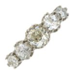 An old and circular-cut diamond five-stone ring.Estimated total diamond weight 1.25cts,