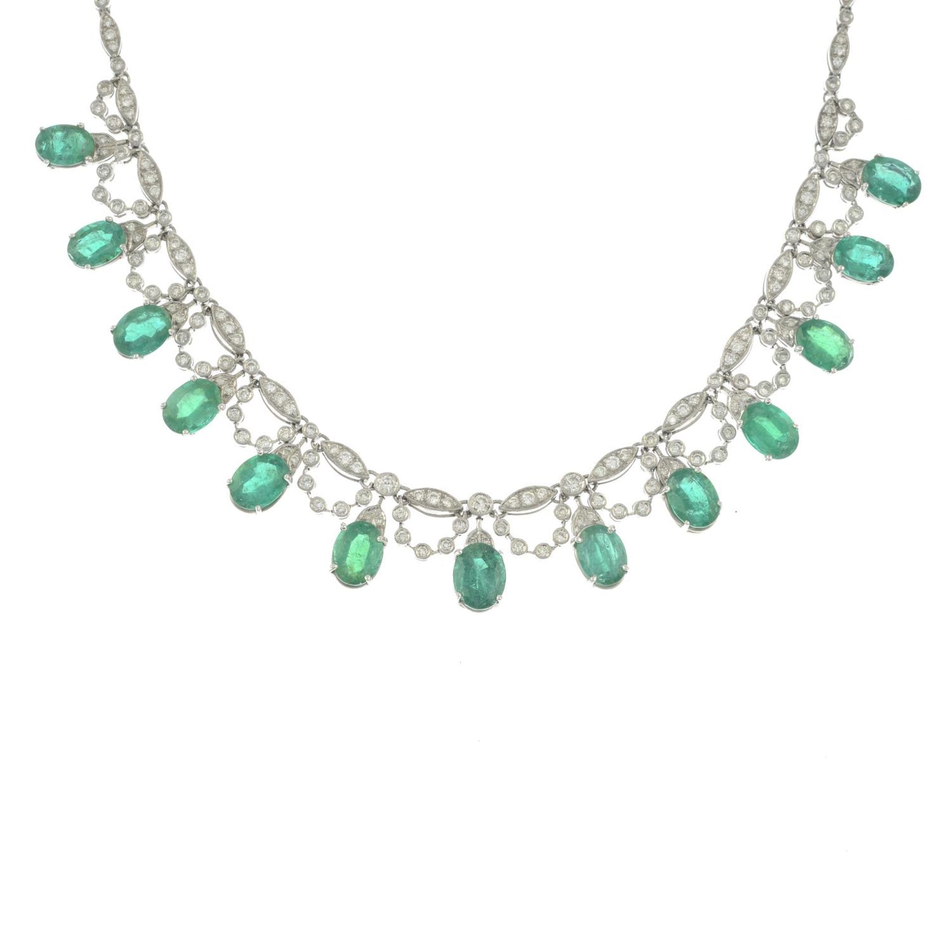 An emerald and brilliant-cut diamond necklace.Estimated total diamond weight 2cts.Stamped