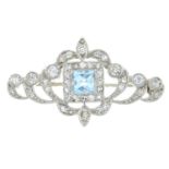 An aquamarine and vari-cut brooch.Aquamarine calculated weight 0.97ct,