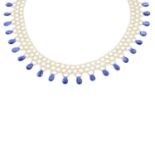 A cultured pearl collar necklace, with sapphire fringe.Stamped 14k.Length 61.5cms.