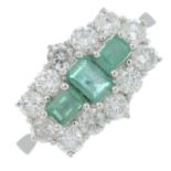 An 18ct gold emerald and brilliant-cut diamond dress ring.Total emerald weight 0.47ct.Total diamond