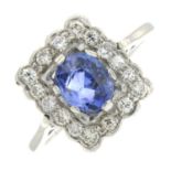 A sapphire and brilliant-cut diamond cluster ring.Sapphire calculated weight 1.28cts,