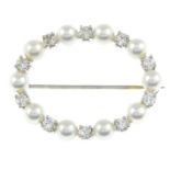 A cultured pearl and brilliant-cut diamond brooch.Estimated total diamond weight 0.80ct,