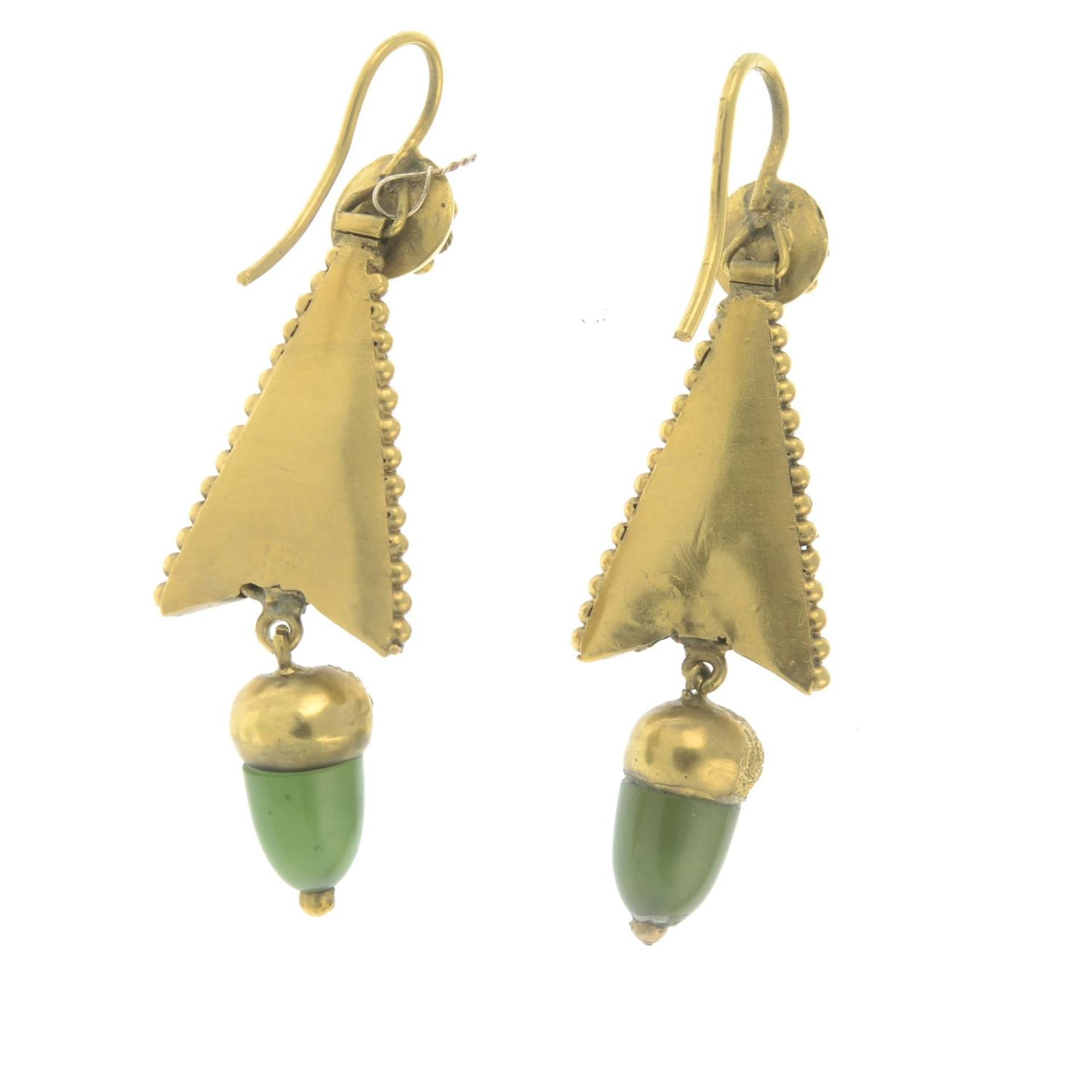 A pair of late 19th century nephrite acorn drop earrings.Length 4.7cms. - Image 2 of 2