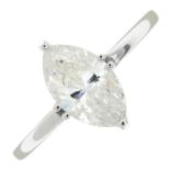 A marquise-cut diamond single-stone ring.Estimated diamond weight 1.90cts,