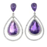 A pair of 18ct gold colourless and amethyst drop earrings.