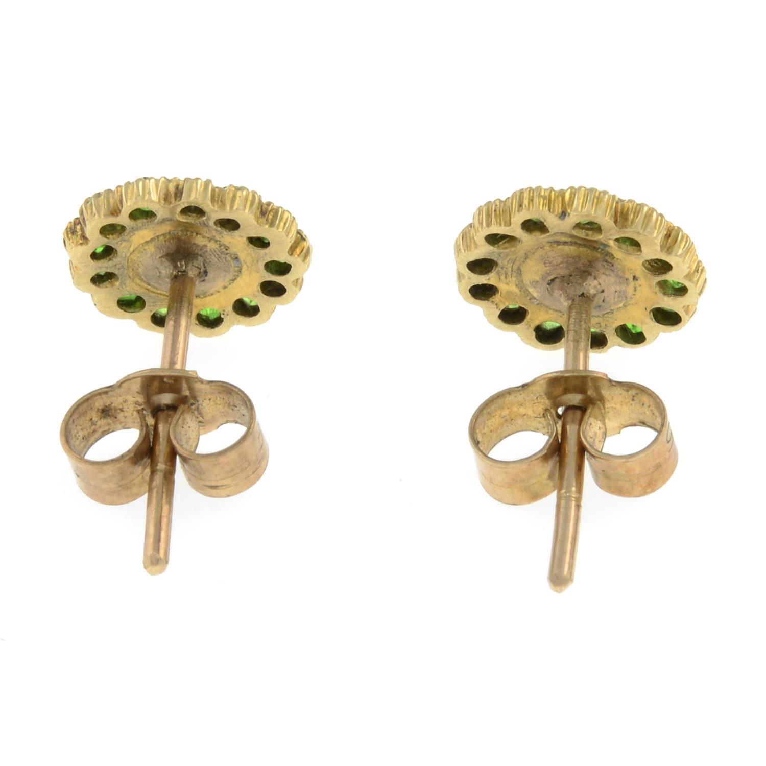 A pair of split pearl and demantoid garnet cluster earrings.Length 0.8cm. - Image 2 of 2