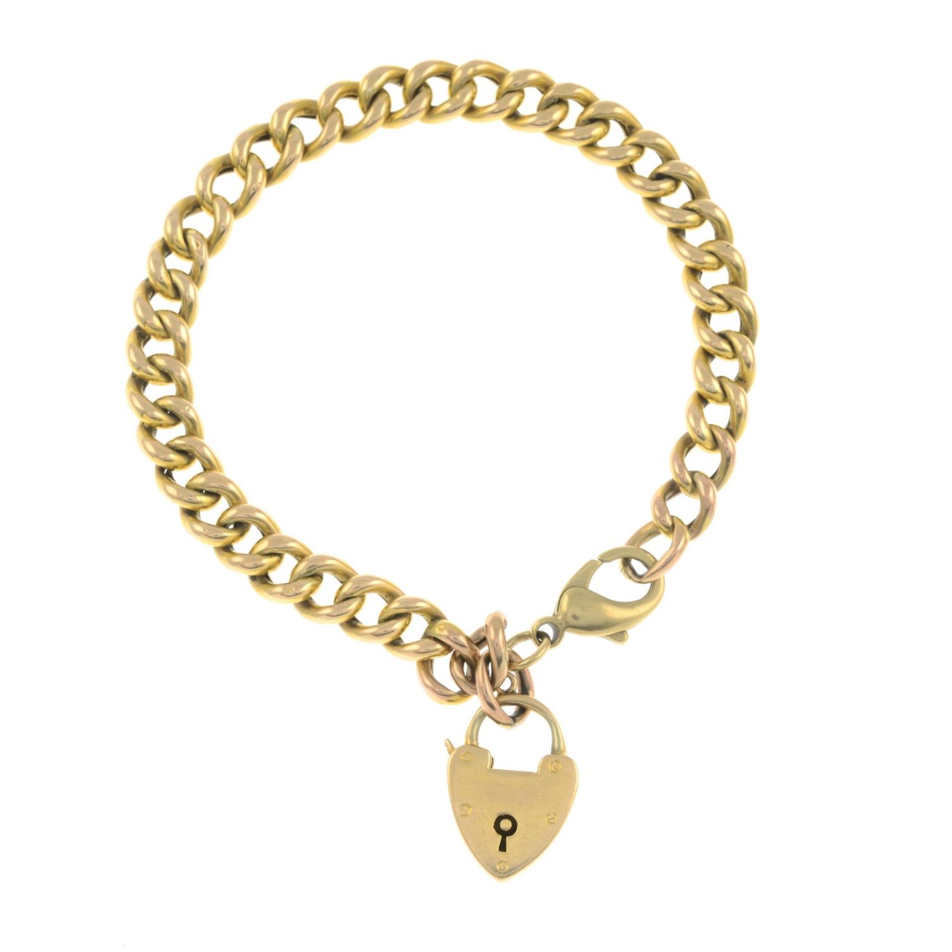 A curb-link bracelet, with heart-shape padlock clasp.Stamped 15CT.Length 18cms.