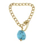 A curb-link charm bracelet, with turquoise charm.Length 17cms.