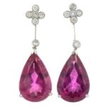 A pair of pink tourmaline and brilliant-cut diamond drop earrings.
