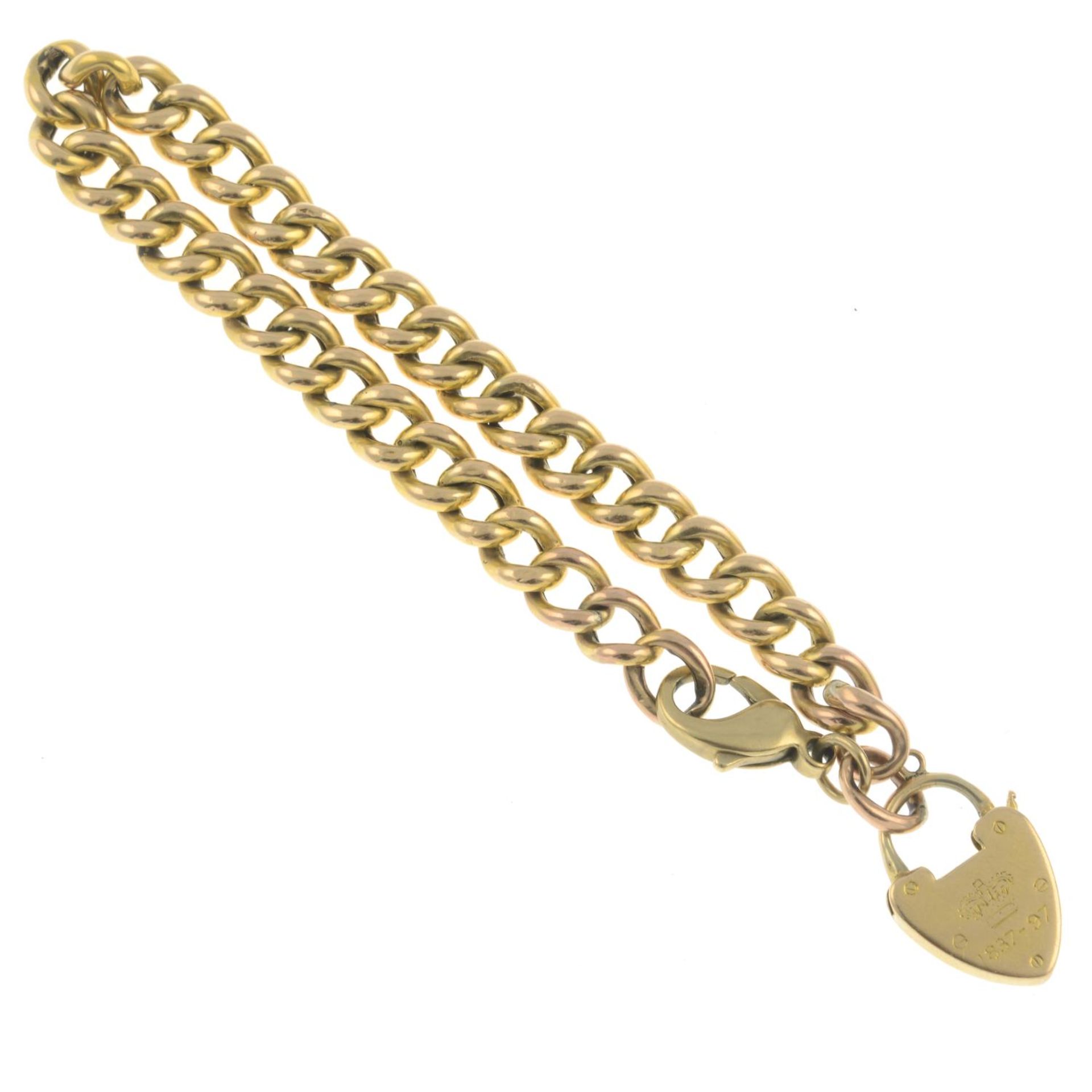 A curb-link bracelet, with heart-shape padlock clasp.Stamped 15CT.Length 18cms. - Image 2 of 2