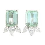 A pair of 18ct gold green beryl and pear-shape diamond earrings.Total green beryl weight 7.60cts,