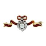 A late Victorian gold split pearl, old-cut diamond and enamel heart brooch.