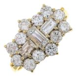 An 18ct gold baguette and brilliant-cut diamond cluster ring.Estimated total diamond weight