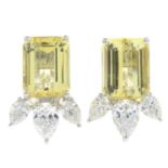 A pair of 18ct gold heliodor and pear-shape diamond earrings.Total heliodor weight 4.88cts,