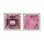 A pair of 18ct gold pink tourmaline and brilliant-cut diamond square-shape earrings.Total