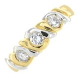 An 18ct gold brilliant-cut diamond three-stone ring.Estimated total diamond weight 0.40ct,