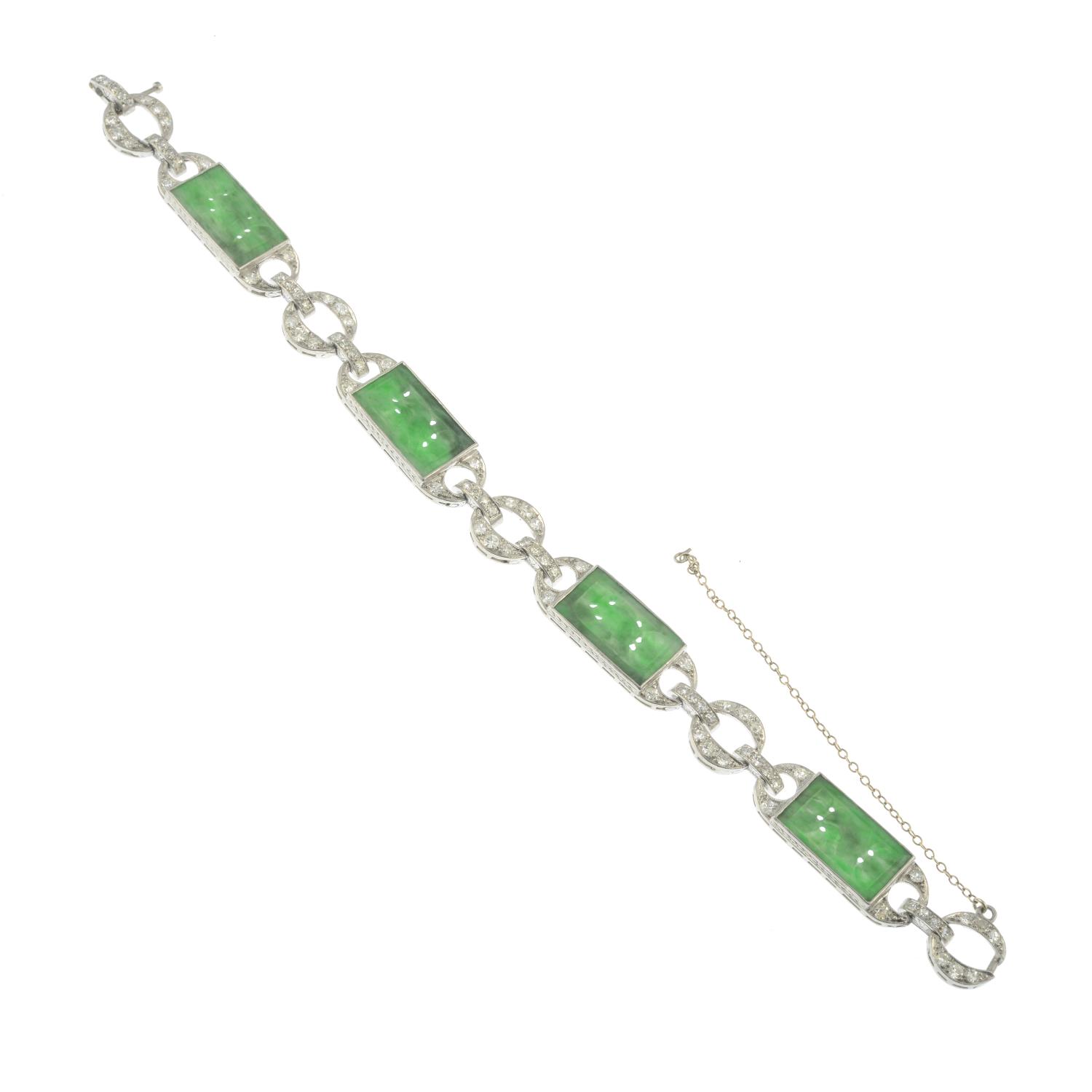 An Art Deco platinum carved jade and single-cut diamond bracelet. - Image 2 of 3