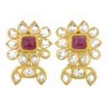 A pair of 22ct gold rock crystal and pink gem cluster earrings.Hallmarks for London.Length 3.5cms.