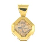 An 18ct gold square-shape coloured diamond single-stone pendant.Estimated diamond weight 2cts,