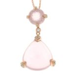 An 18ct gold rose quartz and diamond pendant, with plated chain.