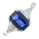 An 18ct gold sapphire and triangular-shape diamond three-stone ring.Sapphire calculated weight