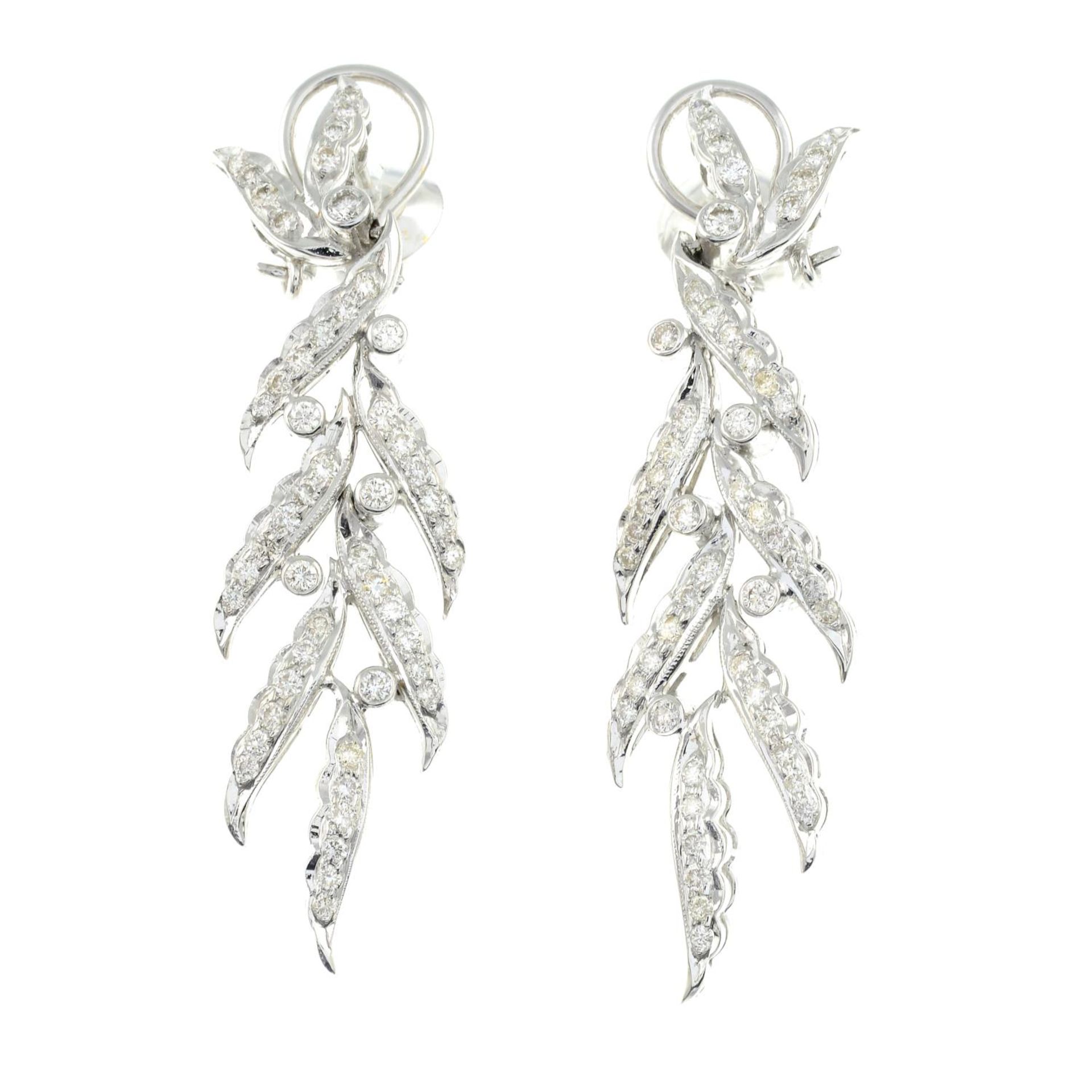 A pair of 18ct gold brilliant-cut diamond foliate drop earrings.Estimated total diamond weight
