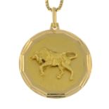 A pendant depicting a textured Bull, suspended from a box-link chain.Italian marks.