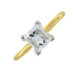 An 18ct gold square-shape diamond single-stone ring.Estimated diamond weight 0.90ct,