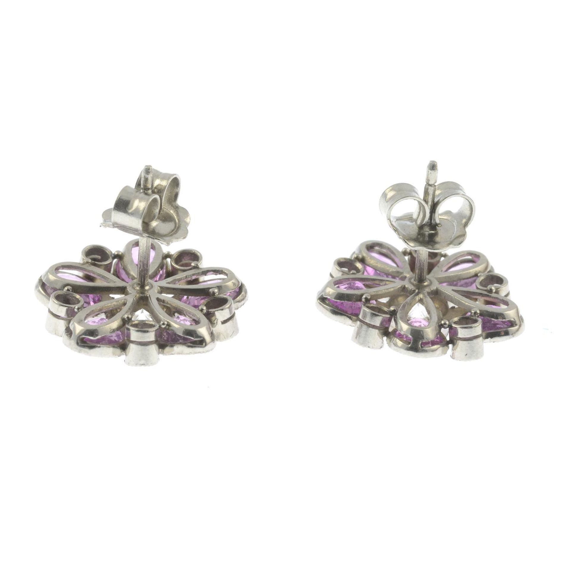 A pair of pink sapphire and brilliant-cut diamond floral earrings.Estimated total diamond weight - Image 2 of 2