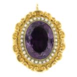 An amethyst and split pearl pendant.Estimated dimensions of amethyst 28 by 20mms,