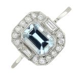 An aquamarine and vari-cut diamond cluster ring.Aquamarine calculated weight 0.53ct,