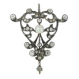 An early 20th century cultured pearl and old-cut diamond pendant.Estimated total diamond weight