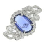 An 18ct gold sapphire and brilliant-cut diamond dress ring.Sapphire calculated weight 1.32cts,