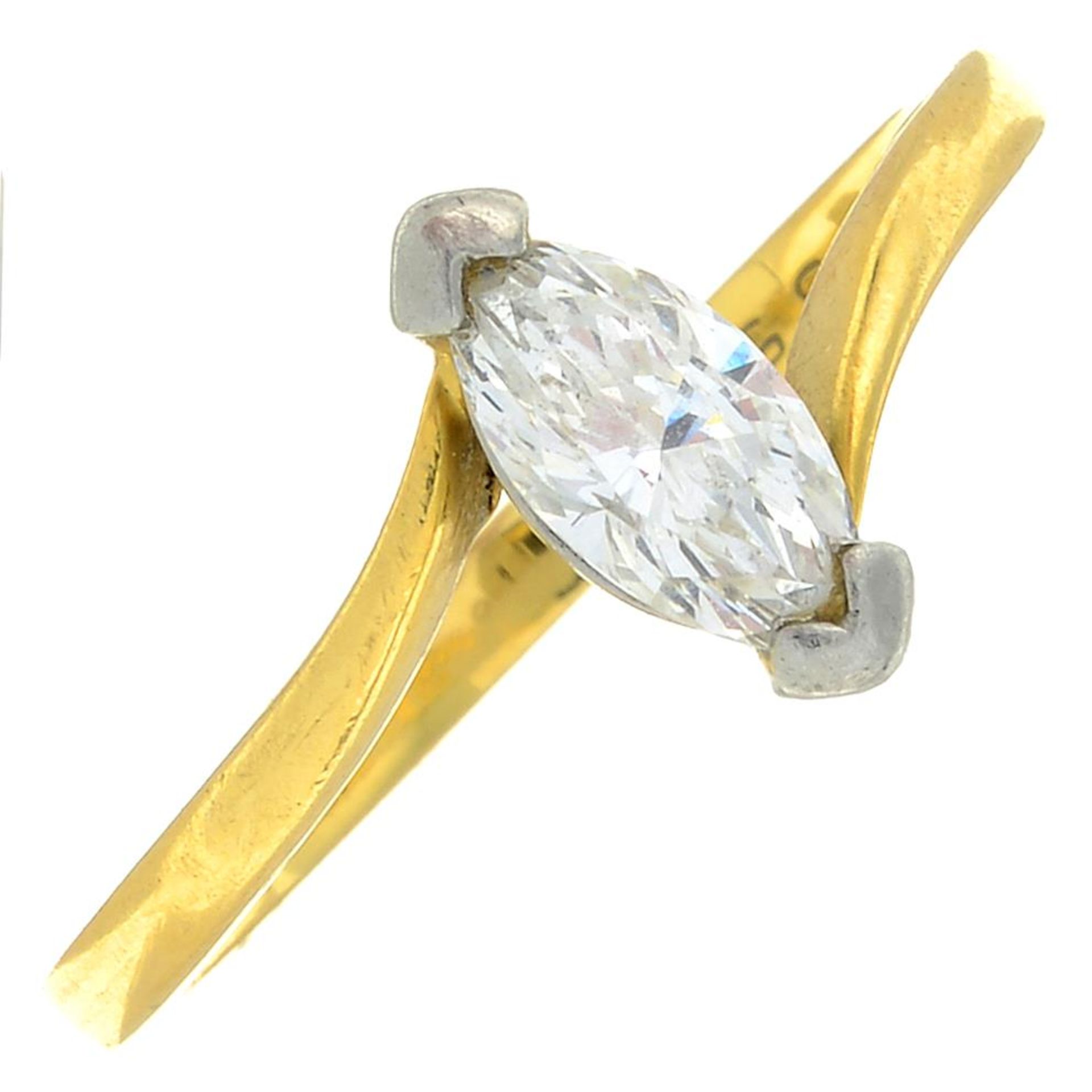 An 18ct gold marquise-shape diamond single-stone ring.Diamond weight 0.55ct stamped to band,
