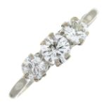 A brilliant-cut diamond three-stone ring.Estimated total diamond weight 1ct,