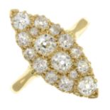 A mid 20th century 18ct gold old-cut diamond marquise-shape cluster ring.Estimated total diamond