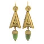 A pair of late 19th century nephrite acorn drop earrings.Length 4.7cms.