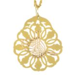 An abstract pendant, suspended from a fancy-link chain.Pendant stamped 14K.