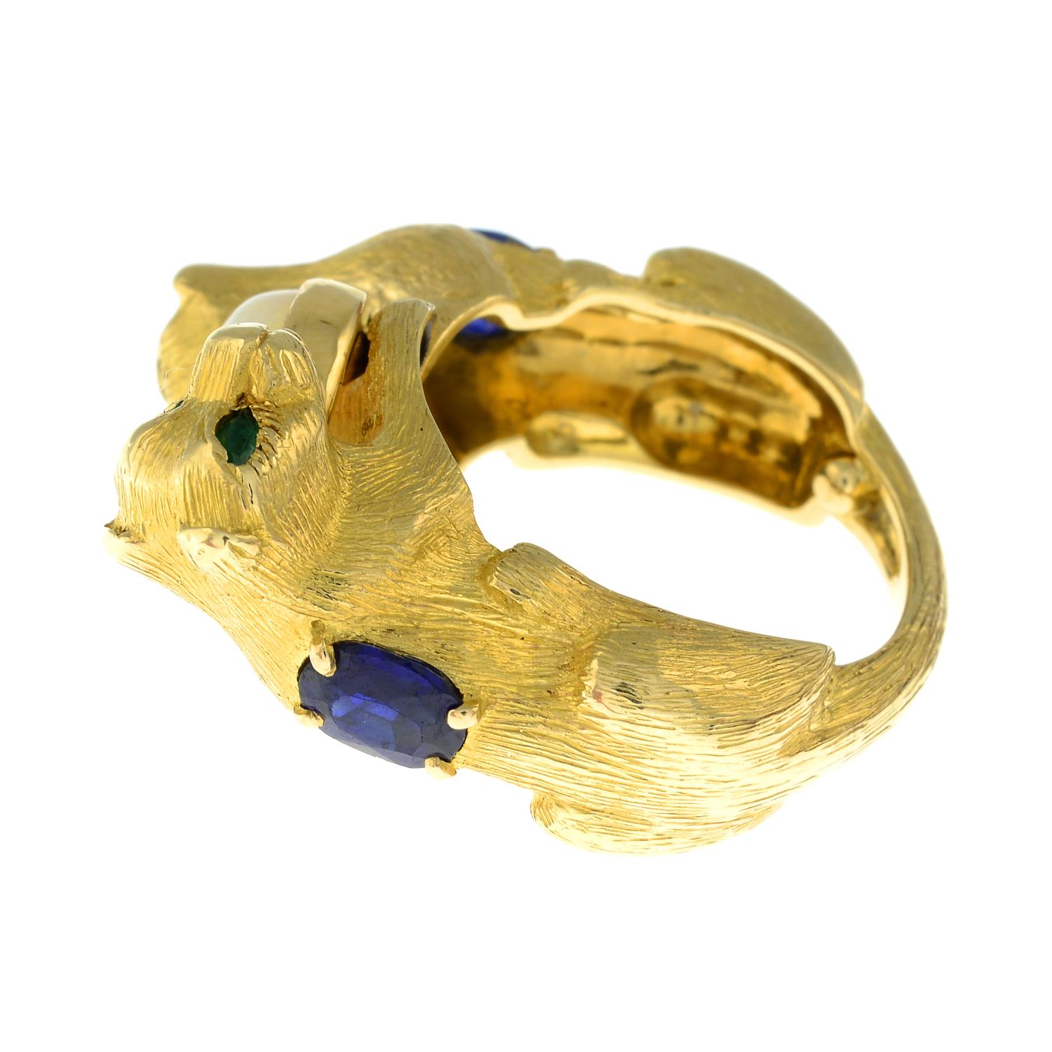 A ring, designed as two gem-set cats, holding an opal cabochon. - Image 3 of 4